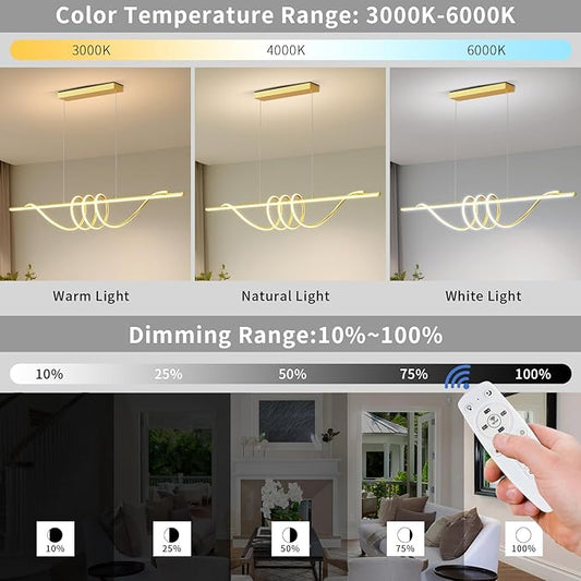 Modern LED Pendant Lights Kitchen Island, 57in Gold Chandelier Dimmable with Remote Control 3000k-6000K Adjustable, Aluminum Island Lighting Lamp Fixture for Kitchen, Dining Room