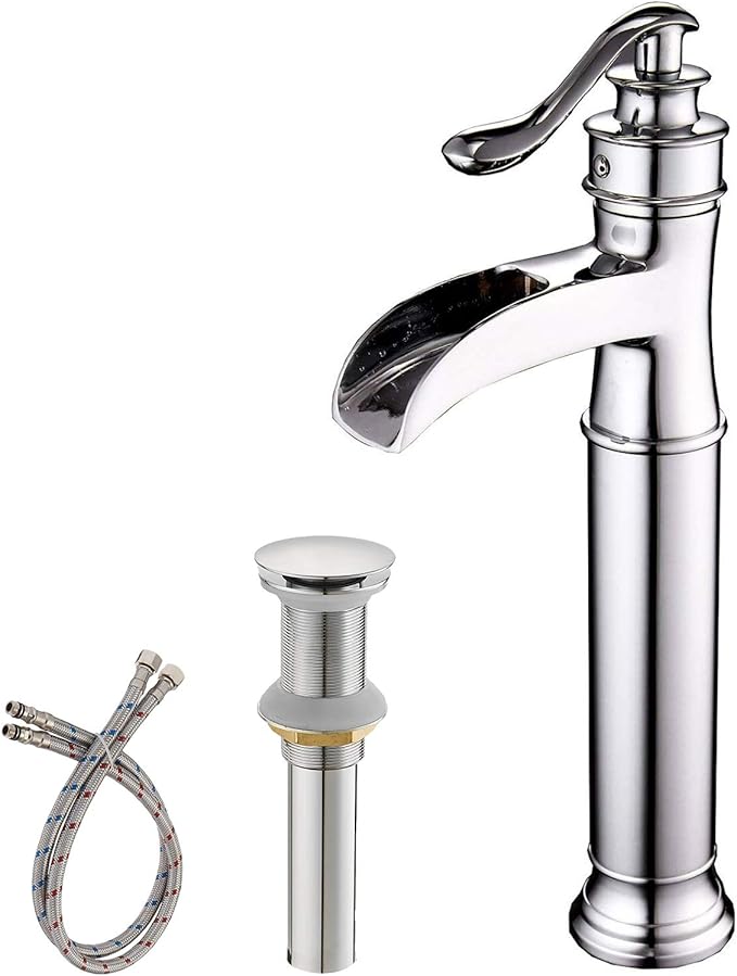 BWE Vessel Sink Faucet Chrome Polished Waterfall Spout Tall Body Single Hole with Brass Pop Up Drain Assembly Without Overflow Bathroom Lavatory Vanity Faucets Commercial
