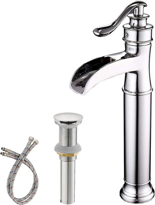 BWE Vessel Sink Faucet Chrome Polished Waterfall Spout Tall Body Single Hole with Brass Pop Up Drain Assembly Without Overflow Bathroom Lavatory Vanity Faucets Commercial