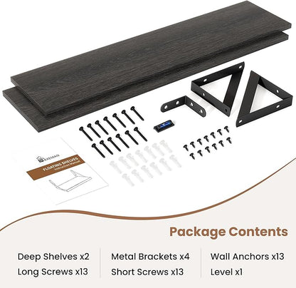 Axeman 48 Inch Floating Shelves | 8 Inch Deep Black Wall Shelves Set of 2 | 47.3" W x 8" D Rustic Black Wood Shelves for Bathroom Kitchen Living Room