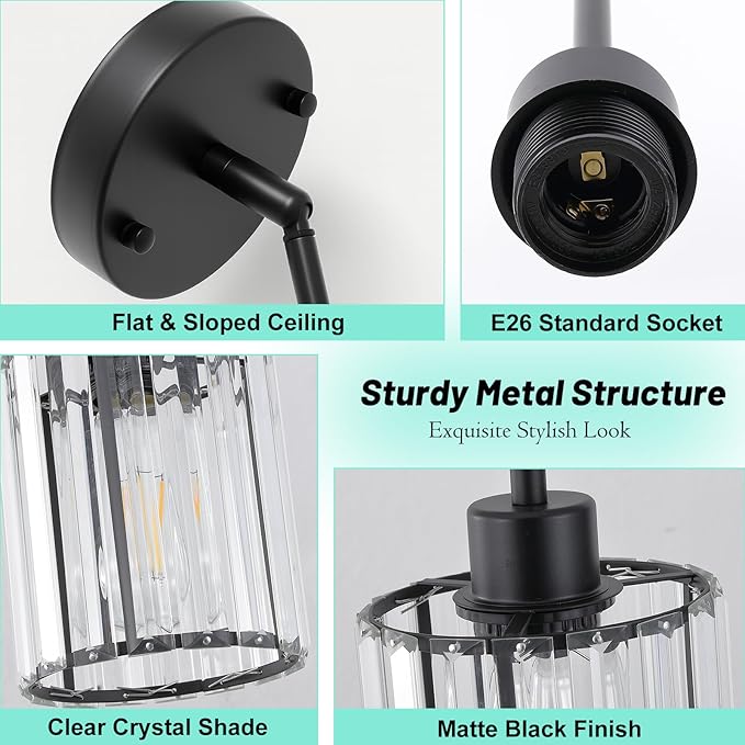 3 Pack Pendant Lights Kitchen Island, Matte Black Kitchen Pendant Lighting Over Table with Adjustable Rods, Modern Mini Crystal Hanging Pendant Light Fixtures for Dining Room Entryway Bedroom