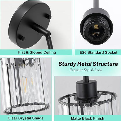 3 Pack Pendant Lights Kitchen Island, Matte Black Kitchen Pendant Lighting Over Table with Adjustable Rods, Modern Mini Crystal Hanging Pendant Light Fixtures for Dining Room Entryway Bedroom