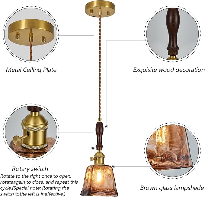 Amber Glass Vintage Pendant Light Height Adjustable Handmade Glass Pendant Lights Kitchen Island Gold Hanging Light Fixture with Wood Handle for Bedroom Dining Room Hotel (1 Pack)