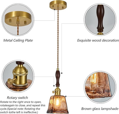 Amber Glass Vintage Pendant Light Height Adjustable Handmade Glass Pendant Lights Kitchen Island Gold Hanging Light Fixture with Wood Handle for Bedroom Dining Room Hotel (3 Pack)