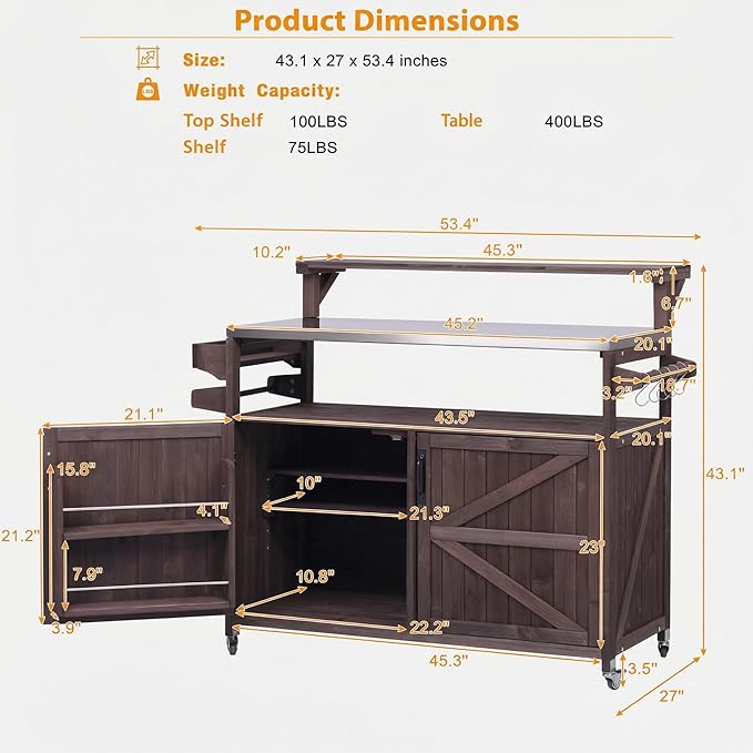 Casaphoria 53.3" Outdoor Kitchen BBQ Grill Cart, 100% Fir Wood Bar Cart Pizza Oven Table with Stainless Steel Countertop, Raised Worktop, Hooks, Adjustable Shelves Outdoor Kitchen Island, Brown