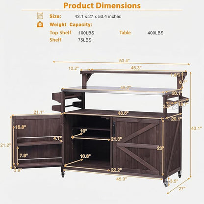 Casaphoria 53.3" Outdoor Kitchen BBQ Grill Cart, 100% Fir Wood Bar Cart Pizza Oven Table with Stainless Steel Countertop, Raised Worktop, Hooks, Adjustable Shelves Outdoor Kitchen Island, Brown