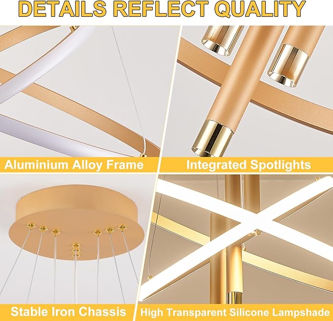 ORANOOR LED Gold Modern Chandeliers for Dining Room Bedrooms Living Room, Dimmable 24in 5250lm Kitchen Pendant Lamp Dining Room Light Fixtures Ceiling Hanging Over Table, 2 Ring Round Chandeliers