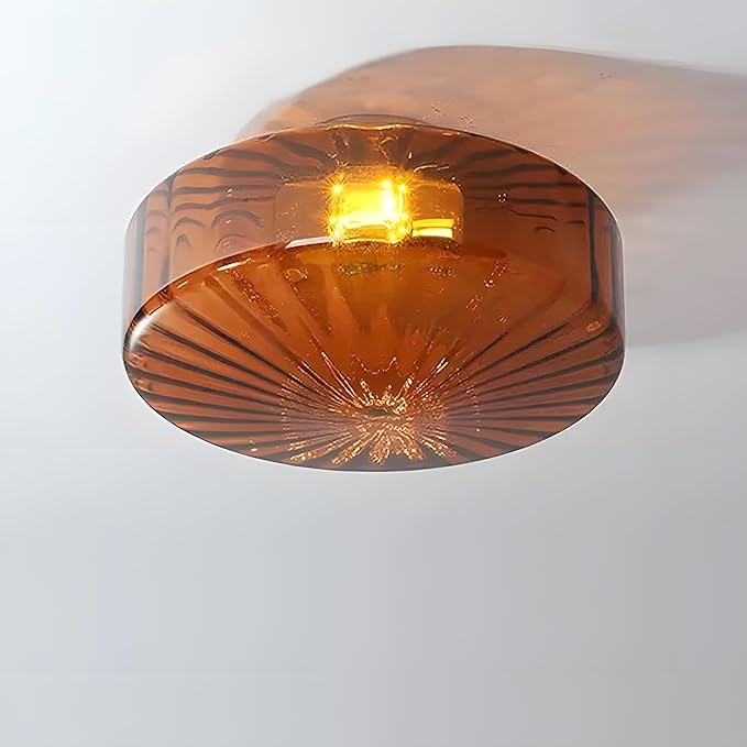 Bofea-Semi Flush Mount Ceiling Light with Water Ripple Glass Shade,Mid Century Modern Amber Glass Overhead Lights,Hallway Lighting,Vintage Close to Ceiling Light Fixtures for Kitchen Entryway.