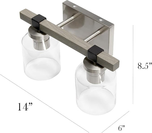 Elegant Designs VT1019-GRY 14" Country Farmhouse Gray and Brushed Nickel Decorative 2 Light Wall Mounted Metal Vanity Fixture with Clear Glass Shades