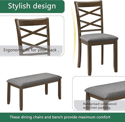6 Piece Wooden Dining Table Set with 4 Chairs and a Bench, Rectangular Kitchen Table Set for 6 People, Modern Dining Room Table Set for Kitchen and Dining, Walnut