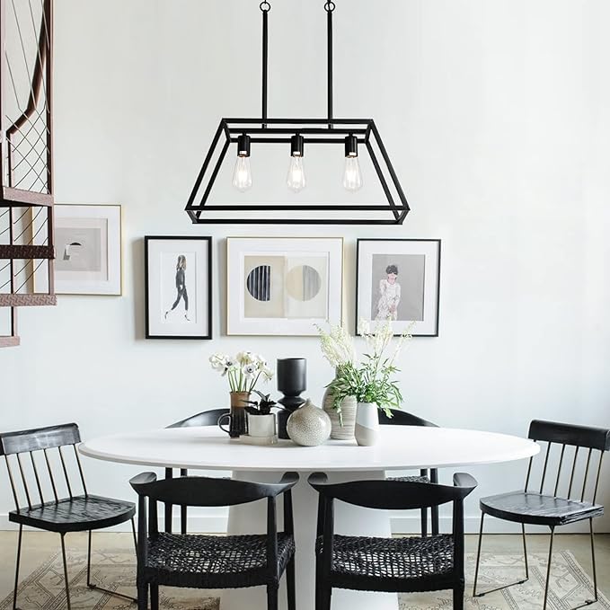 Black Kitchen Island Lighting, 3-Light Farmhouse Chandeliers, Modern Industrial Linear Rectangle Pendant Light Fixtures for Dining Room Kitchen Bar Foyer(Metal, E26 Base)