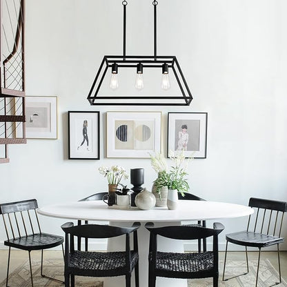 Black Kitchen Island Lighting, 3-Light Farmhouse Chandeliers, Modern Industrial Linear Rectangle Pendant Light Fixtures for Dining Room Kitchen Bar Foyer(Metal, E26 Base)
