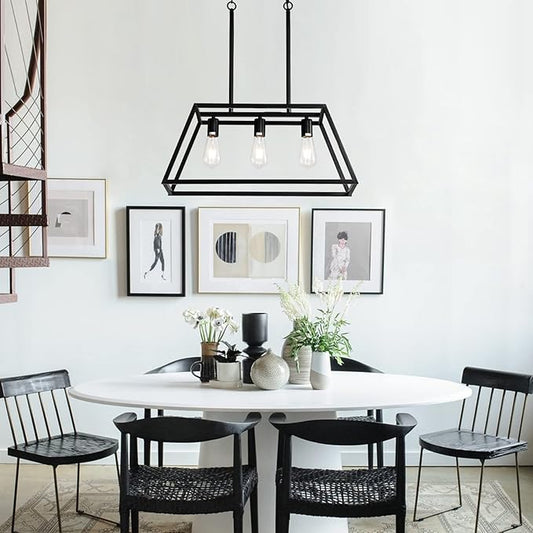 Black Kitchen Island Lighting, 3-Light Farmhouse Chandeliers, Modern Industrial Linear Rectangle Pendant Light Fixtures for Dining Room Kitchen Bar Foyer(Metal, E26 Base)