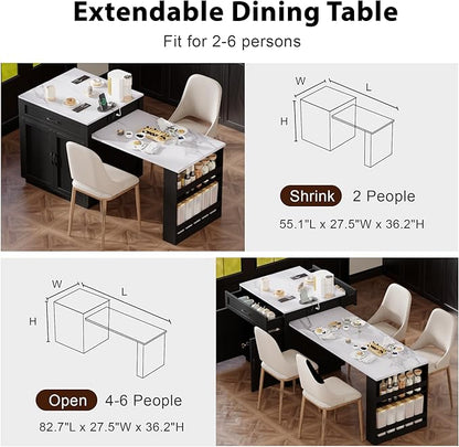 Ball & Cast 83" Kitchen Island with Extendable Dining Table,2-Tone Kitchen Table W/Double-Sized Storage,Power Outlet,Kitchen Islands W/ 2 Storage Drawers & 2 Side Open Shelves,for 4-6 Person,Black