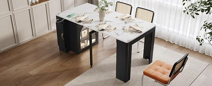 Extendable Dining Table with 3 Removable Middle Leaves - Mobile Rolling Island Table with Power Outlet, Saving-Space Cabinet for Dining and Living Rooms (Black and Marble White)