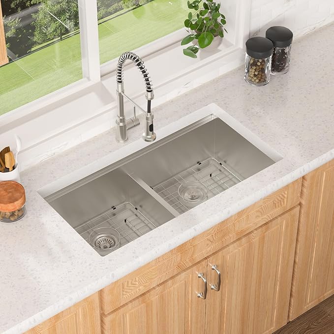 Lordear 36 Inch Undermount Kitchen Sink 50/50 Double Bowl Stainless Steel Kitchen Sinks Low Divided 16 Gauge Undermount Sink 36x19x10 Inch Handmade