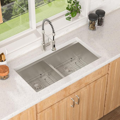 Lordear 36 Inch Undermount Kitchen Sink 50/50 Double Bowl Stainless Steel Kitchen Sinks Low Divided 16 Gauge Undermount Sink 36x19x10 Inch Handmade