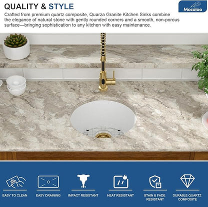 Mocoloo 18 Inch Round Bar Sink Undermount - White Granite Composite Quartz Prep Sinks Small Kitchen Sink for Island or RV