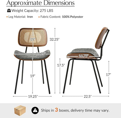 HULALA HOME Rattan Dining Room Chairs Set of 6, Farmhouse Upholstered Kitchen Chair with Square Woven Backrest, Metal Legs, Accent Side Chairs for Dining Living Room Resurant Cafe - Dark Gray