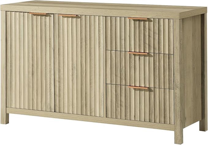 Oakham Home Buffet Cabinet with Storage Fluted Sideboard with 2 Doors 3 Drawers Modern Credenza Accent Cabinets for Living Room Kitchen Hallway,Adjustable Shelves (Natural)