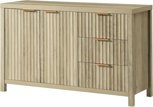 Oakham Home Buffet Cabinet with Storage Fluted Sideboard with 2 Doors 3 Drawers Modern Credenza Accent Cabinets for Living Room Kitchen Hallway,Adjustable Shelves (Natural)