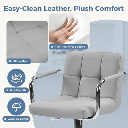 DUMOS Bar Stools Set of 2, Adjustable Swivel Bar Chairs with Padded Armrests and Ergonomic Backrest for Kitchen Island Counter Pub Dining Room, Water-Resistant PU Leather, Grey