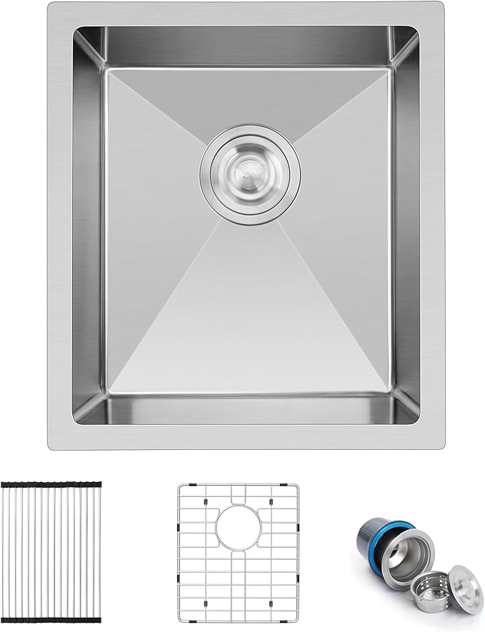Herogo 15×17 Inch Undermount Stainless Steel Kitchen Sink, 9" Deep Small Single Bowl Drop In Sink with Accessories for Rv Home Wet Bar, Brushed Nickel