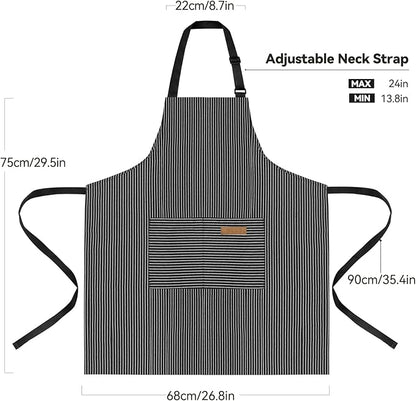NLUS 2 Pack Kitchen Cooking Aprons, Adjustable Bib Soft Chef Apron with 2 Pockets for Men Women (Black Pinstripes)