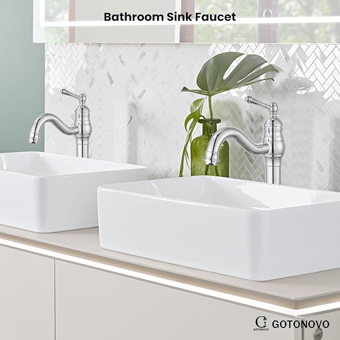 gotonovo Vessel Sink Faucet 360° Swivel Spout Single Handle Tall Bathroom Faucet 1 Hole Farmhouse Lavatory Washbasin Mixer Tap Matching Supply Hoses, Without Pop Up Drain, Polish Chrome