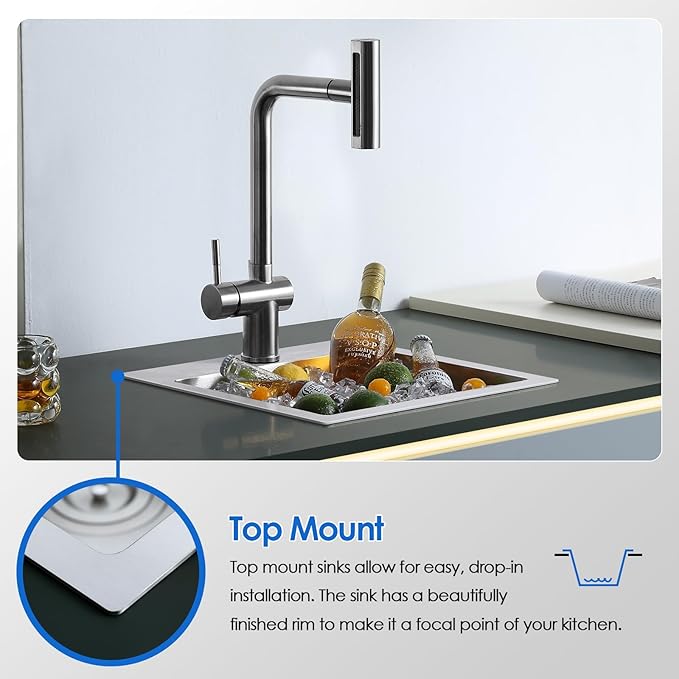 ROVOGO 15 Inch Bar Sink Drop In, 304 Stainless Steel Small Kitchen Sink, 15"x15"x6" Single Bowl Square Wet Bar Prep Sink with 1 Faucet Hole and Drain Assembly, Topmount, Brushed
