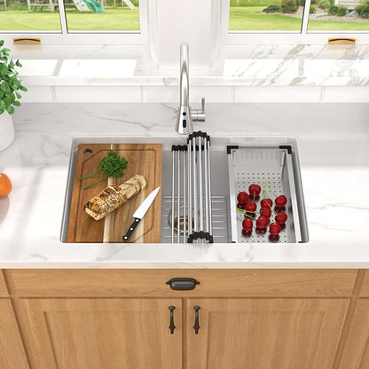 28 Inch Granite Composite Kitchen Sink - White Undermount Workstation All-In One Quartz Classic Single Bowl Sink Basin with Accessories, 28x19#TLGU-106