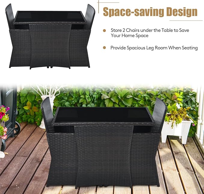 Tangkula 3 Pieces Patio Dining Set, Space-Saving PE Rattan Bistro Set with Tempered Glass Top Table and Cushioned Chairs, Outdoor Conversation Set for Garden Backyard Poolside Porch (Gray)