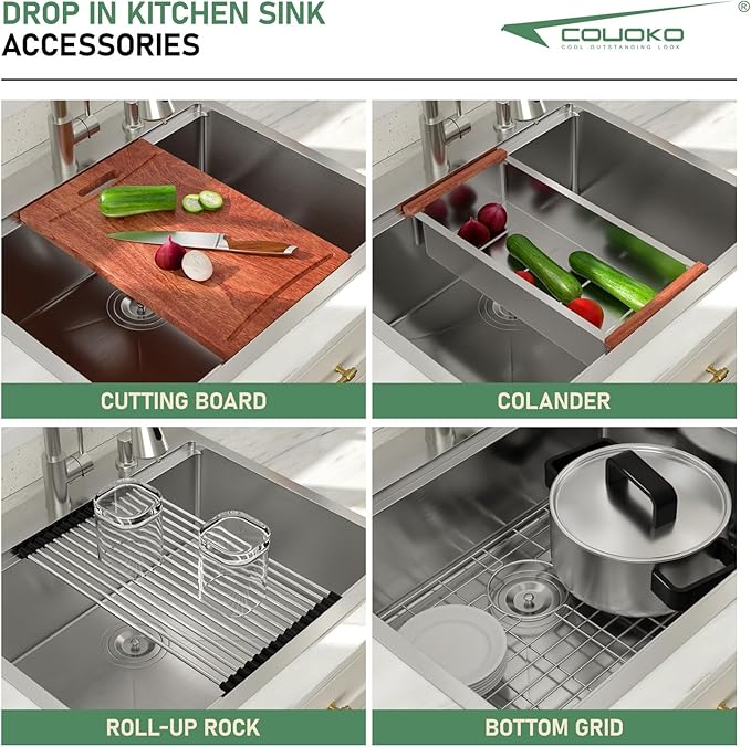 Drop In Kitchen Sink with Faucet Combo 25x22 Drop In 16 Gauge Stainlee Steel Single Bowl Workstation Kitchen Sinks Large Deep Round Corner Handmade Overmount Topmount Sink Basin