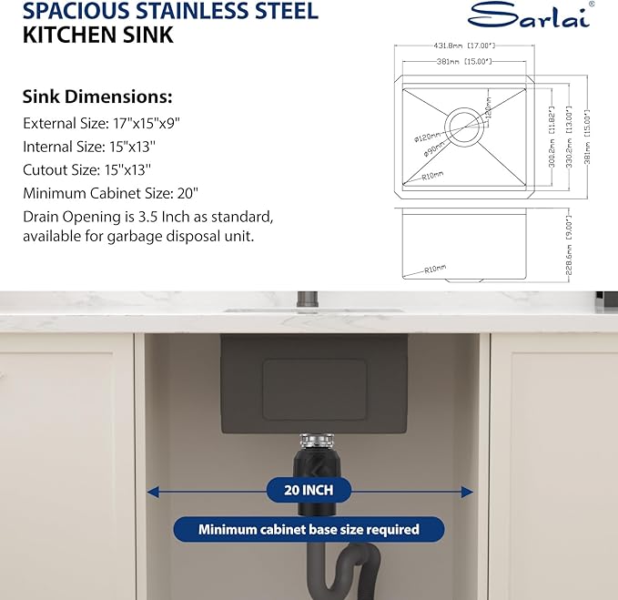 Sarlai 17 Black Undermount Bar Sink - 17 x 15 Inch Undermount Workstation Bar Prep Sink Gunmetal Black Under Mount Single Bowl Small Bar Outdoor 16 Gauge Stainless Steel RV Kitchen Sinks Basin