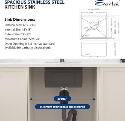 Sarlai 17 Black Undermount Bar Sink - 17 x 15 Inch Undermount Workstation Bar Prep Sink Gunmetal Black Under Mount Single Bowl Small Bar Outdoor 16 Gauge Stainless Steel RV Kitchen Sinks Basin