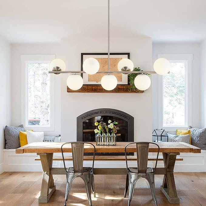 KCO Lighting Brushed Nickel Linear Chandelier White Milk Glass Chandelier Kitchen Linear Sputnik Pendant Light Mid Century Globe Pendant Light Fixture Modern Sliver Chandeliers Dining Room