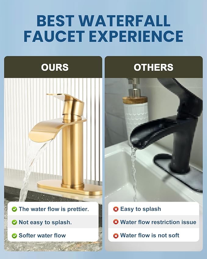 WOWOW Waterfall Bathroom Faucet, Gold Bathroom Sink Faucet for 1 Hole or 3 Holes, Single Handle Vanity with Metal Pop up Drain, Stainless Steel Basin Sink Faucet Tap for RV Lavatory