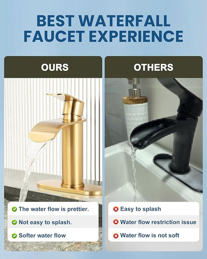 WOWOW Waterfall Bathroom Faucet, Gold Bathroom Sink Faucet for 1 Hole or 3 Holes, Single Handle Vanity with Metal Pop up Drain, Stainless Steel Basin Sink Faucet Tap for RV Lavatory