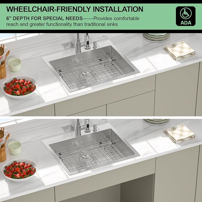 25 Inch Drop In Kitchen Sink - Beslend ADA 6 Inch Depth 25x22 Drop In Sinks Topmount Stainless Steel 16 Gauge Mobility Friendly Sink for Wheelchair Accessible & Accessible Design Kitchen