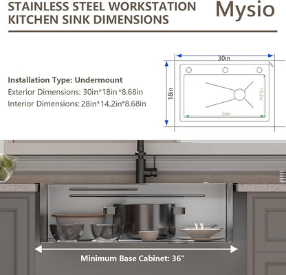30 x 18 inch Kitchen Sink, Single Bowl Stainless Steel Gunmetal Black Topmount Multifunctional Drop In Sink with Pull-Down Faucet (Black, 3018)