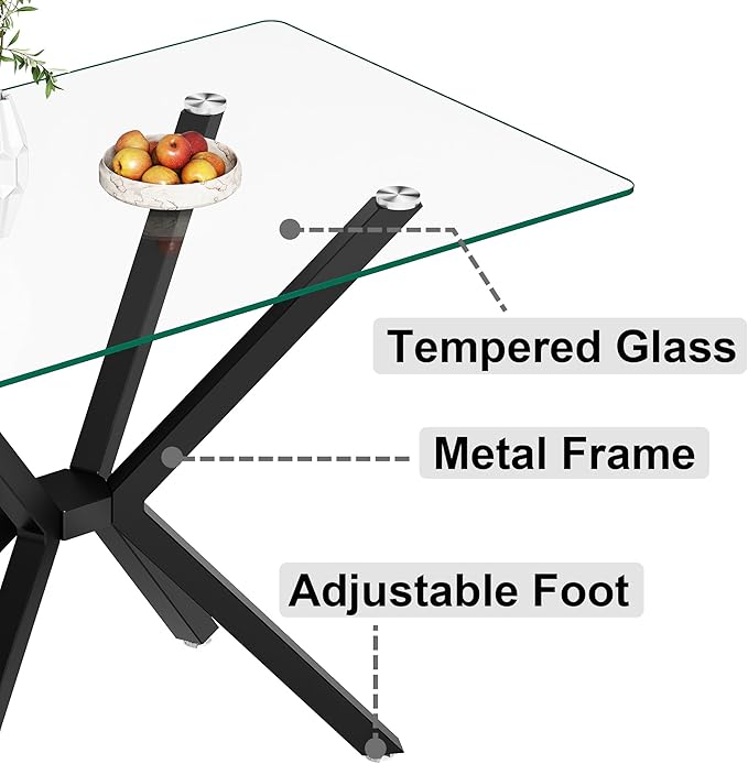 47" Rectangle Dining Table for 2 3 4 People, Modern Dining Table with Black Chrome Metal X-Shaped Legs, Clear Glass Kitchen Table Family Dinner Table for Home Office Living Room