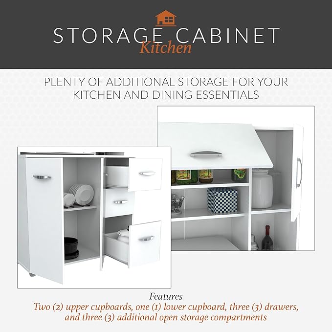 Inval America 4-Door Kitchen Microwave Storage Cabinet with 3 Drawers, Kitchenette Standing Pantry, 71"H x 23.6"W x 17.1"D, White