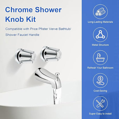 2 Piece Bathtub Shower Knob Replacement, with Diverter Bath Tub Spout Kit, Hot and Cold Faucet Knobs Compatible with Price Pfister Verve Tub Shower (Chrome)