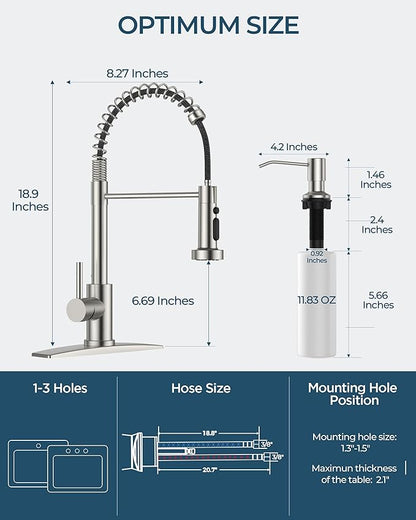 FORIOUS Kitchen Faucet with Soap Dispenser, Stainless Steel Kitchen Sink Faucet with Pull Down Sprayer Burhsed Nickel Single Handle Modern Spring Commercial for Laundry Room RV Camp Bar Farmhouse
