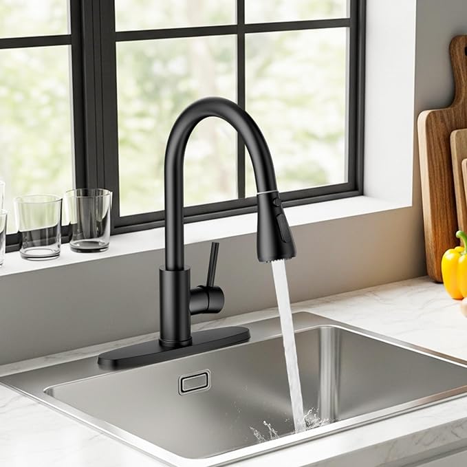 FEELSO Kitchen Faucets with Pull Down Sprayer, High Arc Single Handle Kitchen Sink Faucet, 1 or 3 Hole Brushed Nickel Water Faucets for Farmhouse Laundry Camper Rv Bar(Matte Black)