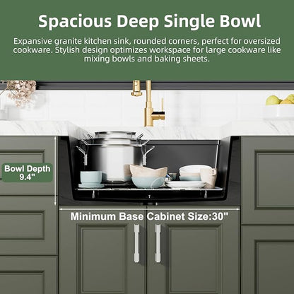 Davivy 27 Inch Black Granite Sink Workstation, 27 X 19 Granite Composite Kitchen Sink Undermount & Drop in, Deep Single Bowl with Accessories