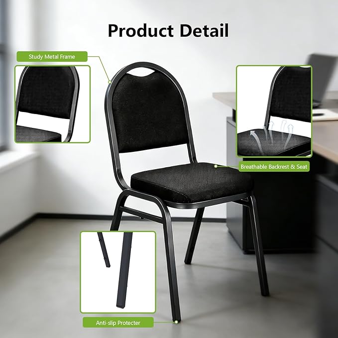 Stackable Banquet Dining Chairs 4 Pack, Upholstered Crown Back Event Chairs with Black Fabric Seat, Heavy Duty Steel Frame, 300 lb Capacity, No Assembly, for Restaurant Wedding Conference