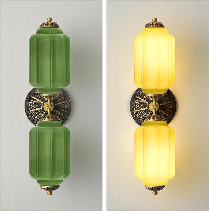 Vintage Bathroom Vanity Light - 2-Light Milk Glass Sconce with Antique Brass Finish & Green Shade, Wall Sconce Lighting for Bathroom Mirror, Hallway, Living Room, Bedroom