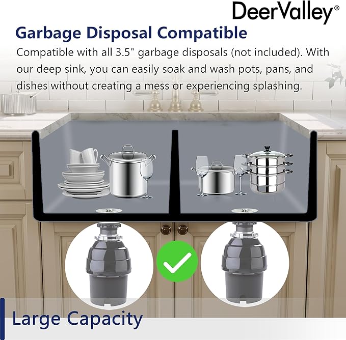 DeerValley 33 inch Workstation Kitchen Sink, Black Fireclay Farmhouse Sink, Double Bowl Apron Front Deep Drop-in Undermount Sink with Workstation Accessories