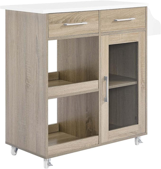 Modway Culinary Rolling Kitchen Cart with Storage in Oak White - 3 Tiers Kitchen Island on Wheels with Spice Rack, Functional as a Coffee Station, Bar Cabinet or Butcher Block Island